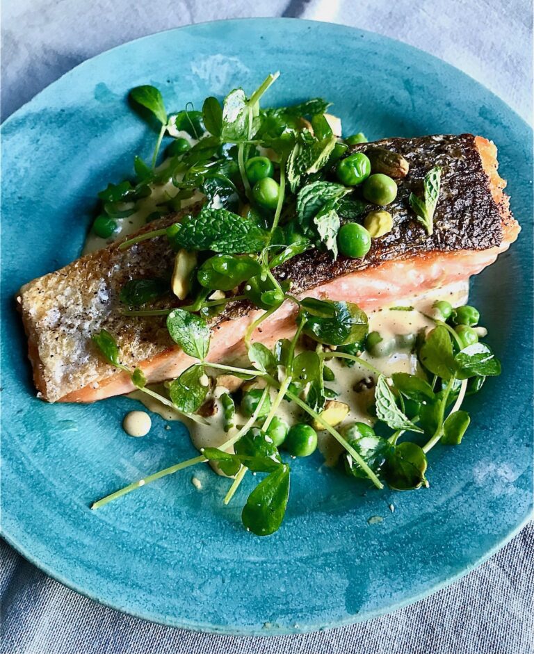 RECIPE: Crispy Salmon With Pea Shoots and Pistachio Crème Sauce