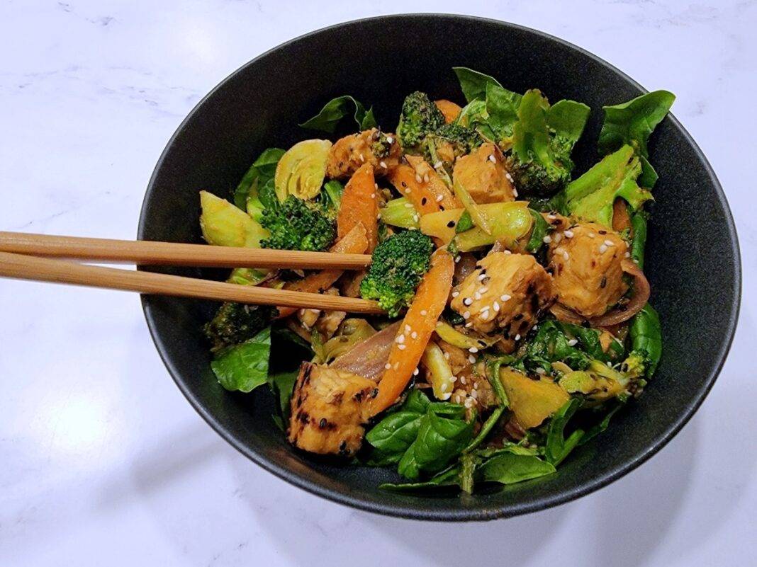 Tempeh Vegetable Stir-fry with Ginger Soy Sauce in bowl