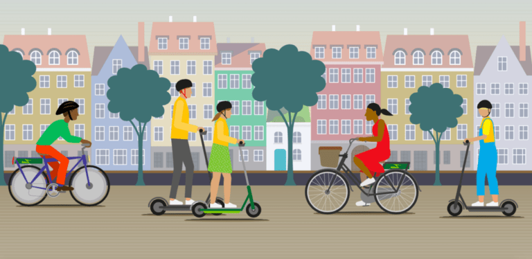 Graphic of urban housing and transportation with electric bikes and scooters.